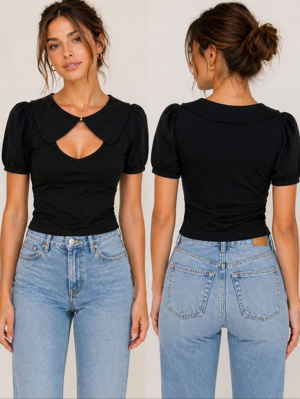 Belle Rogue Black Peter Pan Collar Cutout Top Puff Sleeve L